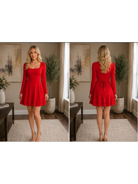 Women's OYS Red Long Sleeve Square Neck Mini Dress Size L